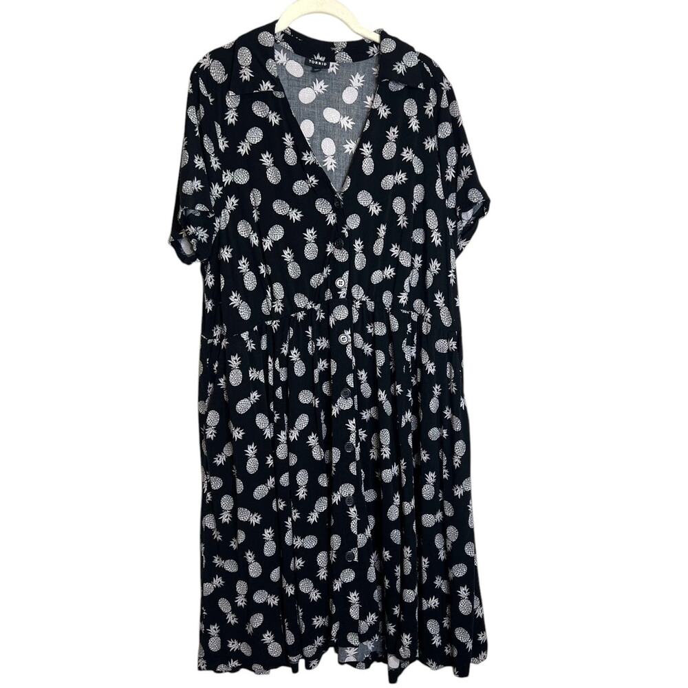 Torrid Womens Challis Pineapple Dress 2X Button Front Black White Short Sleeve